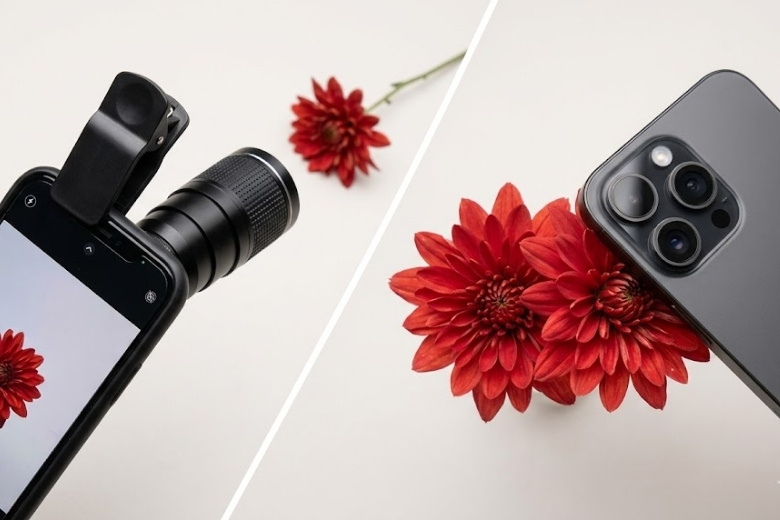 So sánh sự tiện lợi giữa ống kính macro kẹp ngoài và camera macro tích hợp trên flagship