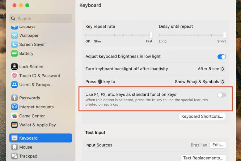 Phím Fn là gì? Cách dùng và bật tắt trên Laptop, MacBook Bật phím F chuẩn trong System Settings > Keyboard > Function Keys trên macOS Ventura.