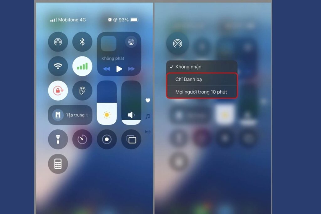 Thiết lập AirDrop nhanh trong Control Center để kiểm soát quyền nhận tệp.
