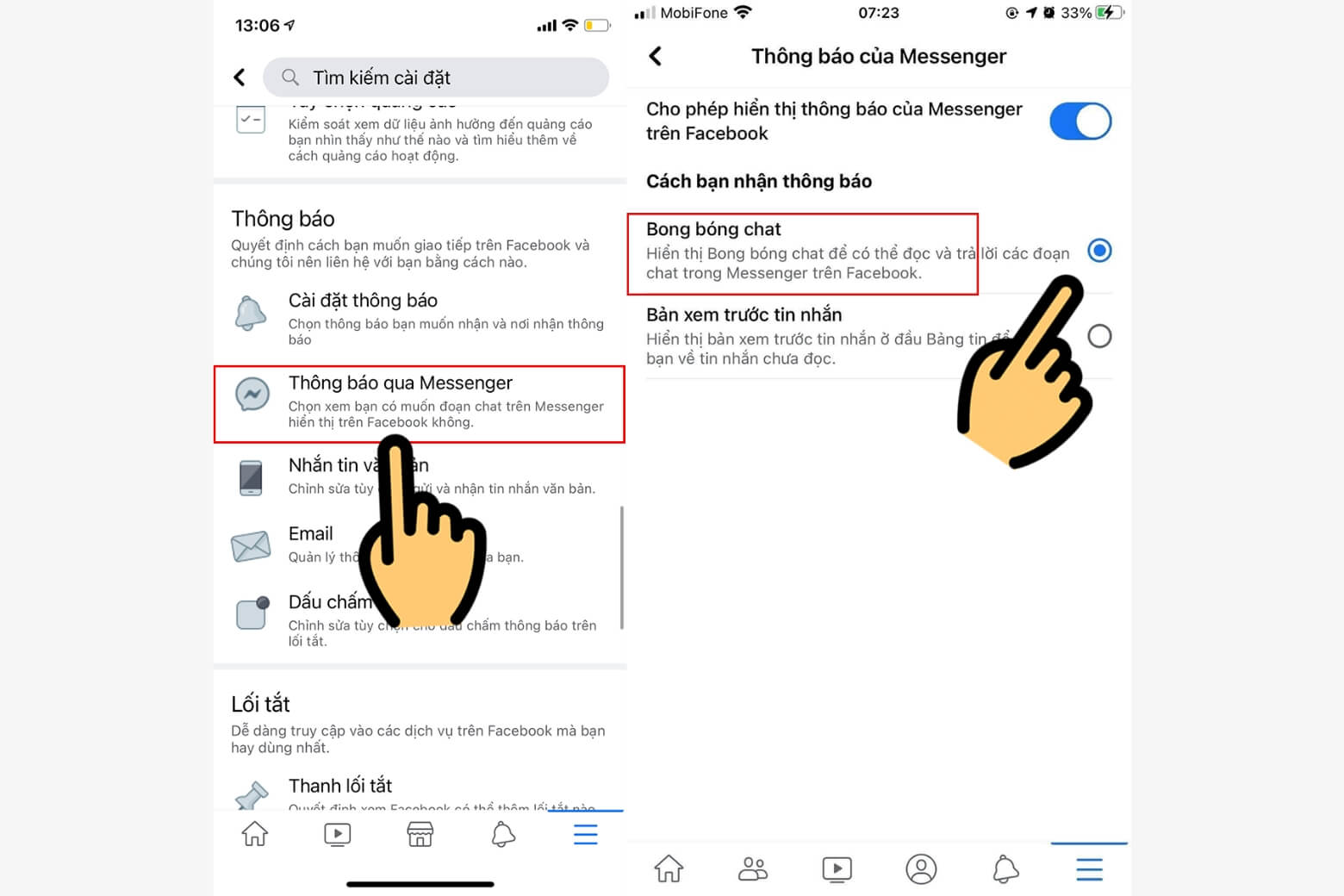 Bong bóng chat Messenger trên iPhone bật tính năng