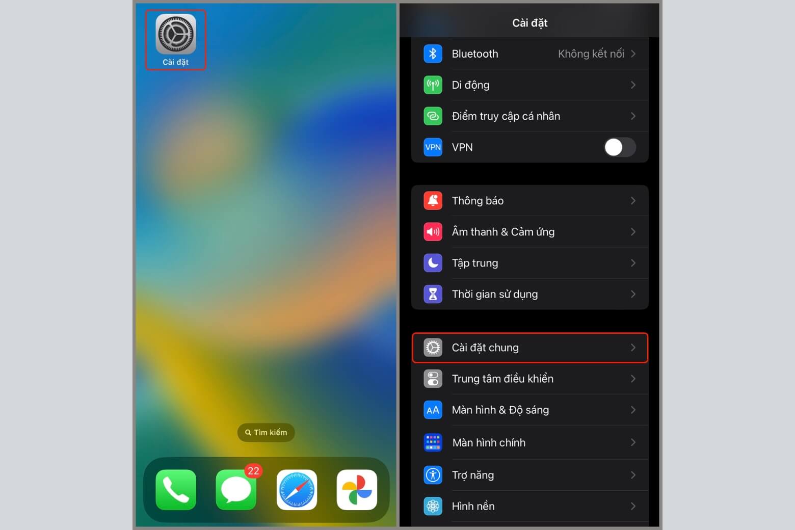 Cách chia sẻ 4G trên iPhone chọn Cài đặt chung