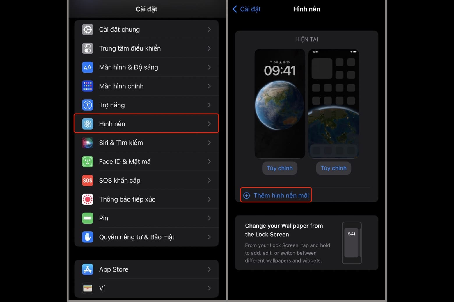 Đổi hình nền từ ứng dụng Cài đặt