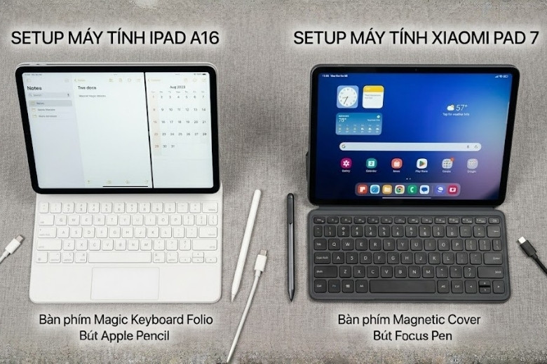 So sánh bộ phụ kiện kèm bút và bàn phím của iPad A16 và Xiaomi Pad 7