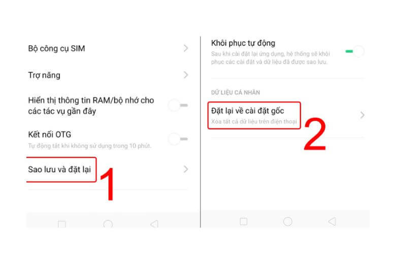 Reset điện thoại OPPO qua Cài đặt thực hiện đơn giản qua 4 bước từ Cài đặt bổ sung đến Đặt lại về cài đặt gốc.