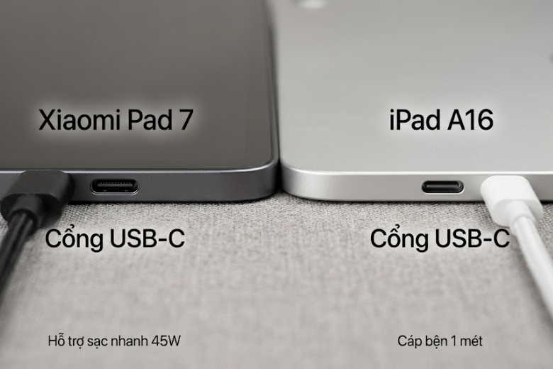 So sánh cổng sạc USB-C và loa ngoài của máy tính bảng iPad A16 và Xiaomi Pad 7