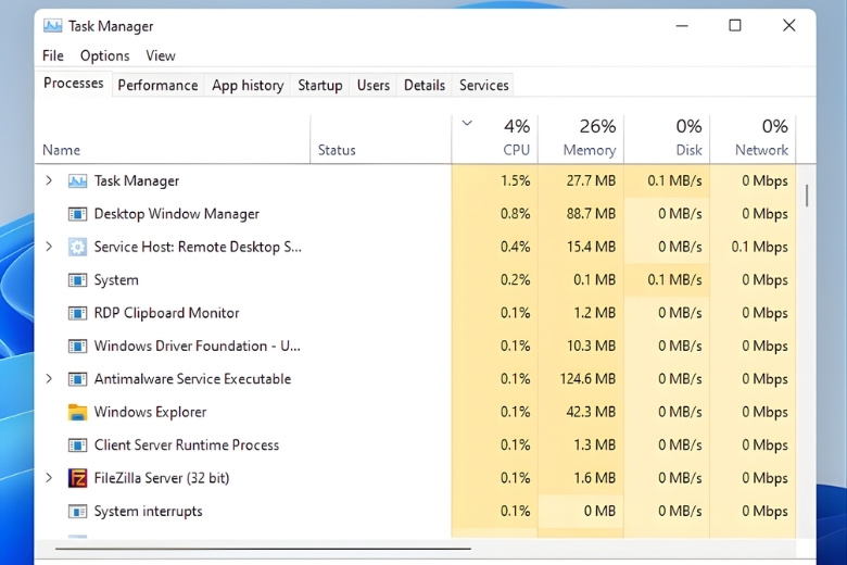 Tab processes trong Task Manager
